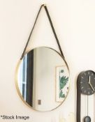 1 x PRESENT TIME 'Balanced' Round Wall Mirror With Gold Rim And Black Leather Hanging Strap 47cm