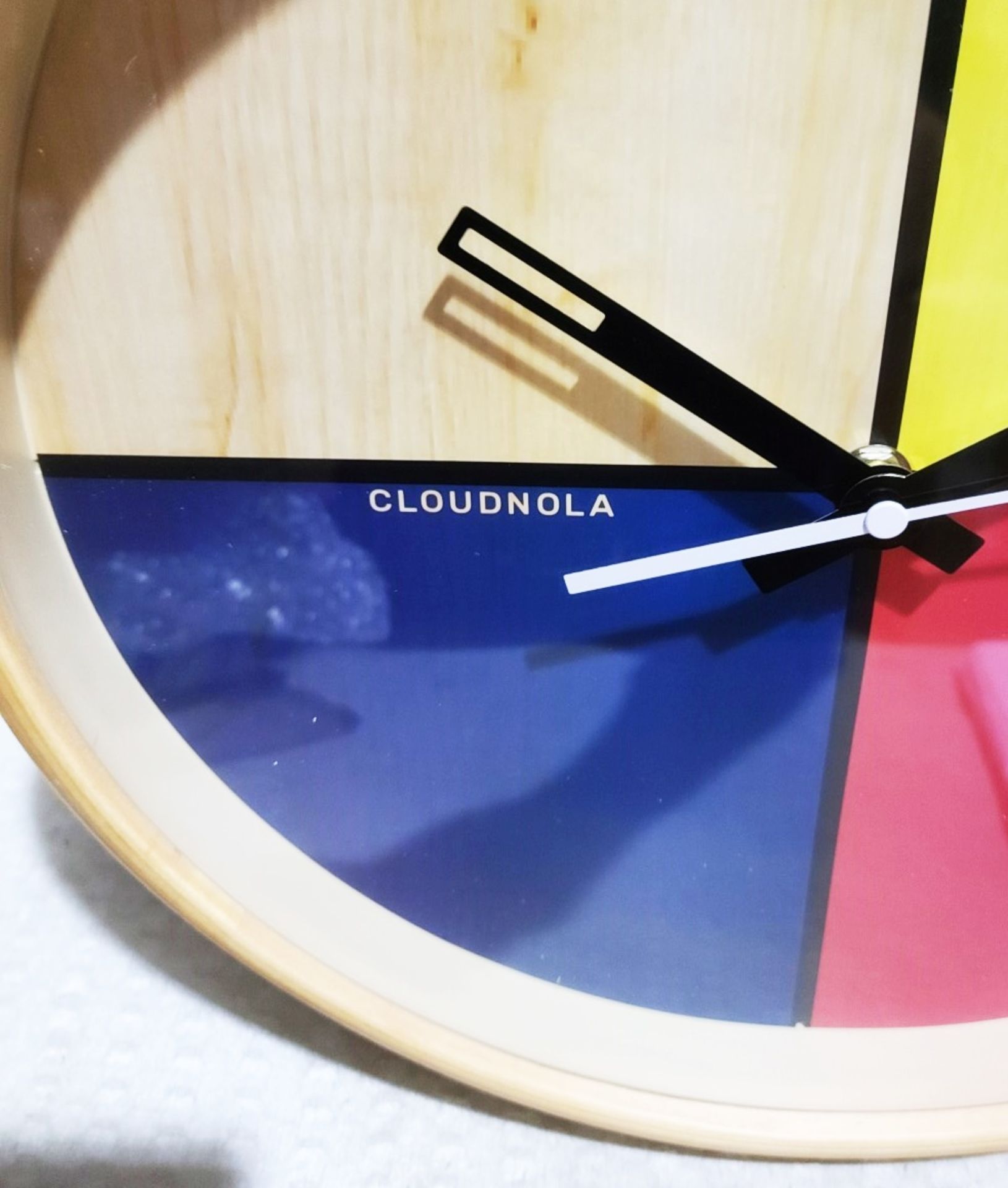 1 x CLOUDNOLA Contemporary Flur Yellow, Red, Blue & Birch Wall Clock With Offset Wooden Rim 30cm - Image 8 of 8