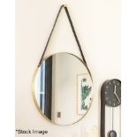 1 x PRESENT TIME 'Balanced' Round Wall Mirror With Gold Rim And Black Leather Hanging Strap 47cm