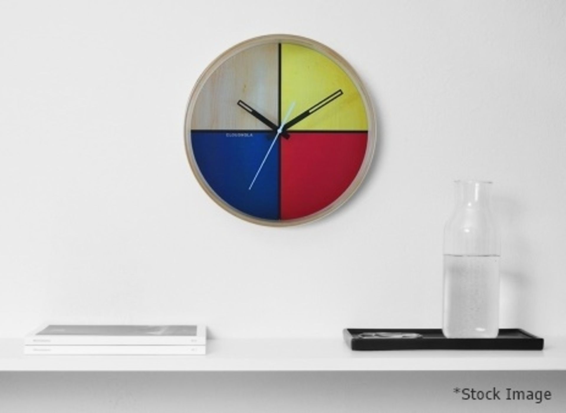 1 x CLOUDNOLA Contemporary Flur Yellow, Red, Blue & Birch Wall Clock With Offset Wooden Rim 30cm - Image 2 of 8