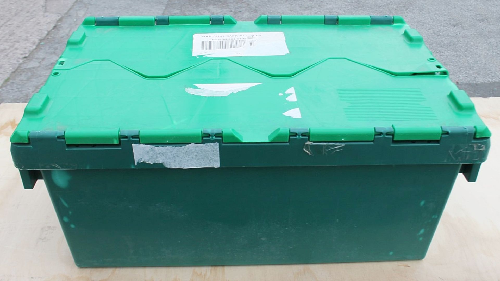 20 x Robust Low Profile Green Plastic Secure Storage Boxes With Attached Hinged Lids - Dimensions: