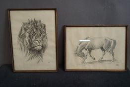 Couple of frames with horse and lion, signed H31x23