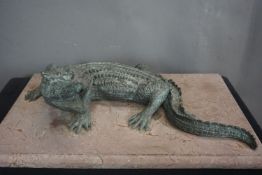 Crocodile in bronze on base in marble H36x57
