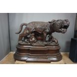 Monumental sculpture in wood, dog with nursing puppies, H110X150X81