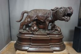 Monumental sculpture in wood, dog with nursing puppies, H110X150X81