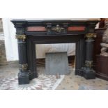 Fireplace in black marble with inserts in red marble and ornaments in bronze, 19th H130x180x74