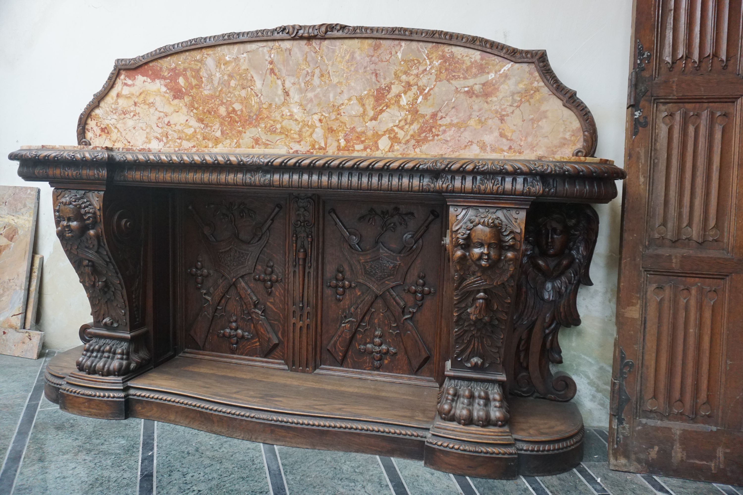 Unusual console in wood with marble top 19th H152X225x50
