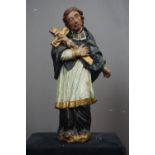 Polychrome sculpture of saint with crucifix 18th H42