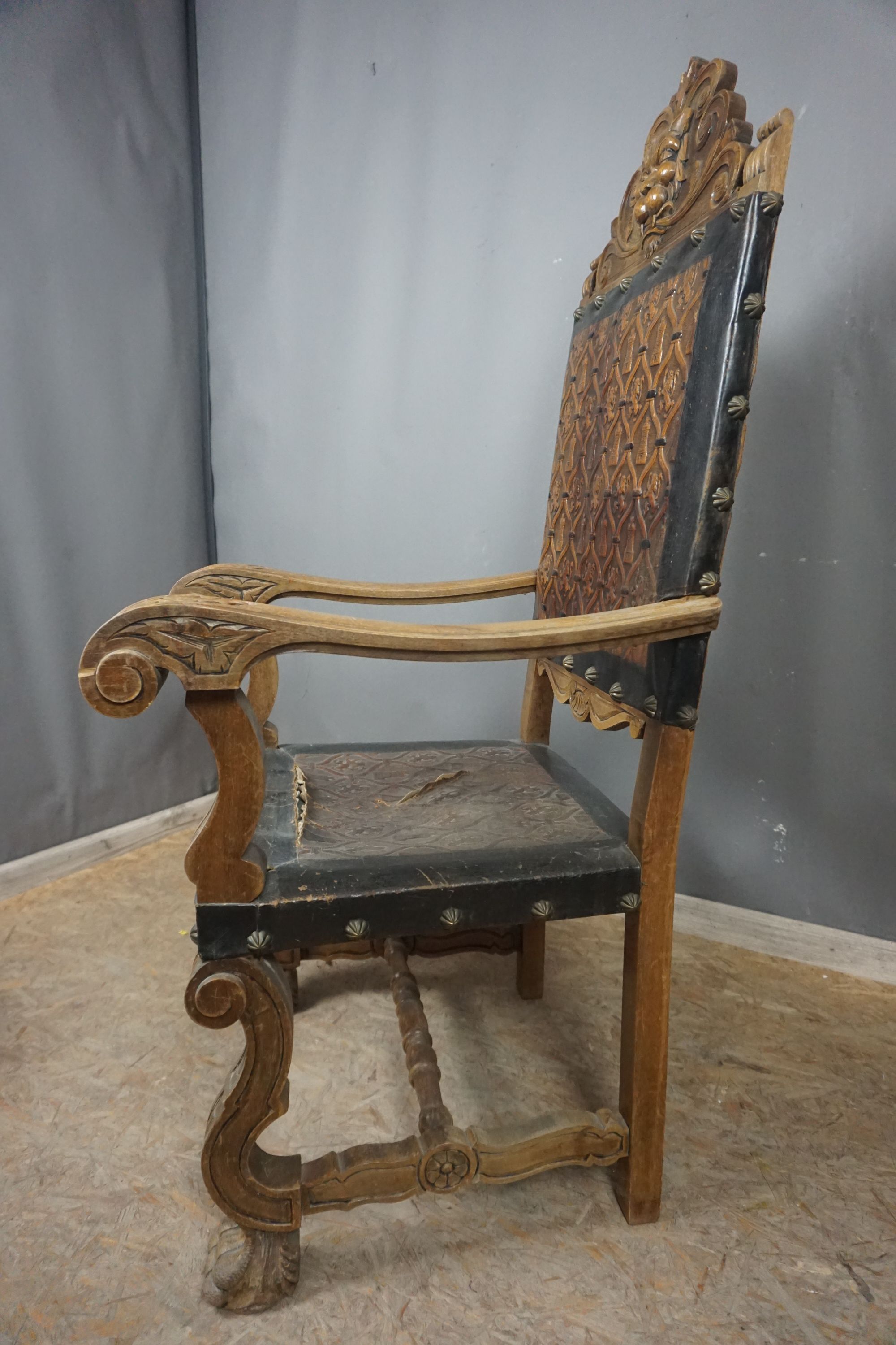 Chair / seat in wood and leather 19th H135x70 - Image 3 of 3
