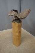 Sculpture of bird of prey in wrought iron on base in wood H109x64