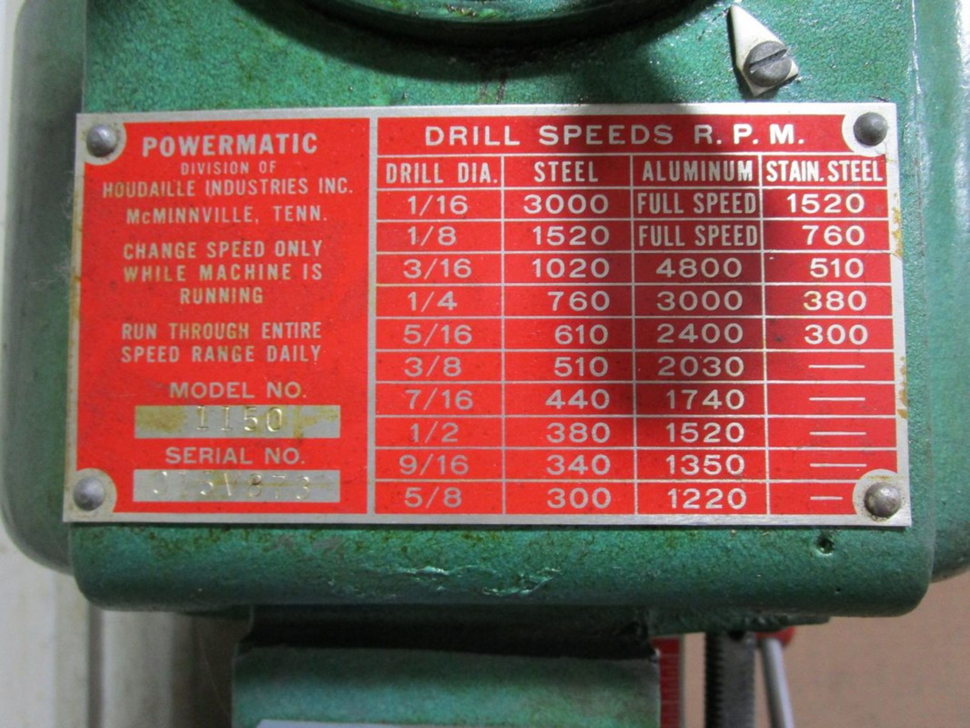 Powermatic 1150 15" Drill Press, S/N 015V873 - Image 4 of 5