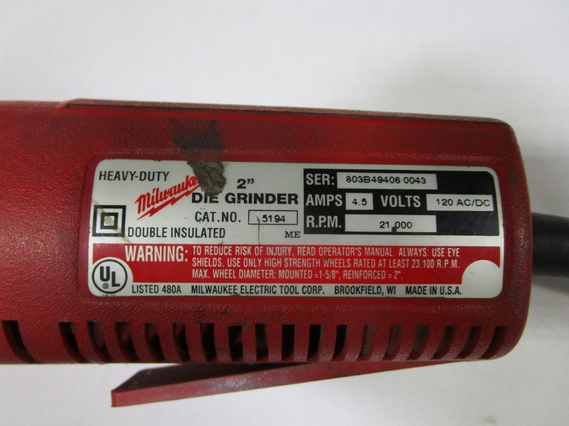 Milwaukee 5194 Die Grinder, S/N 803B494060043 - Image 2 of 2