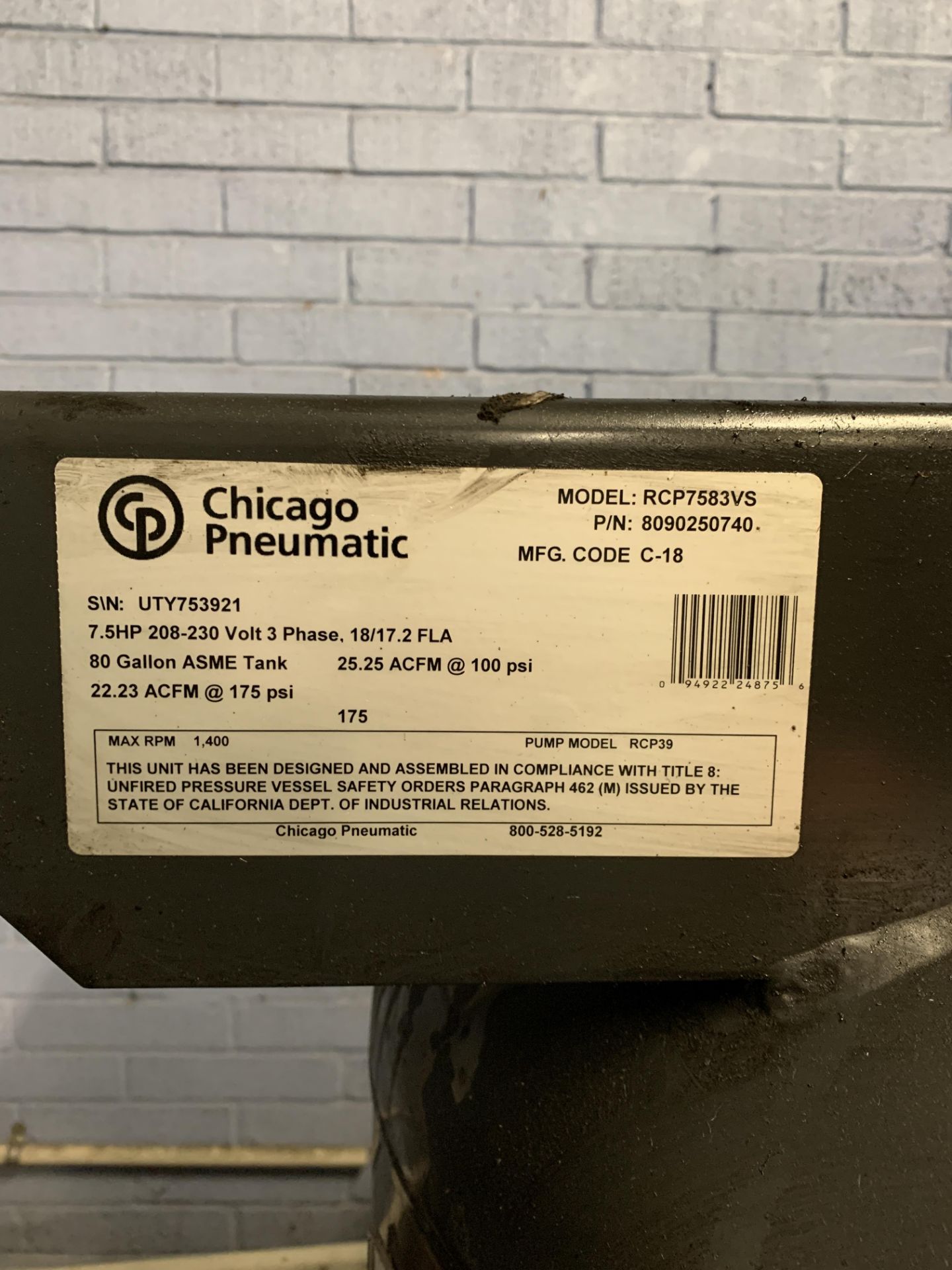 Chicago Pneumatic 80 Gallon Air Compressor - Image 2 of 2
