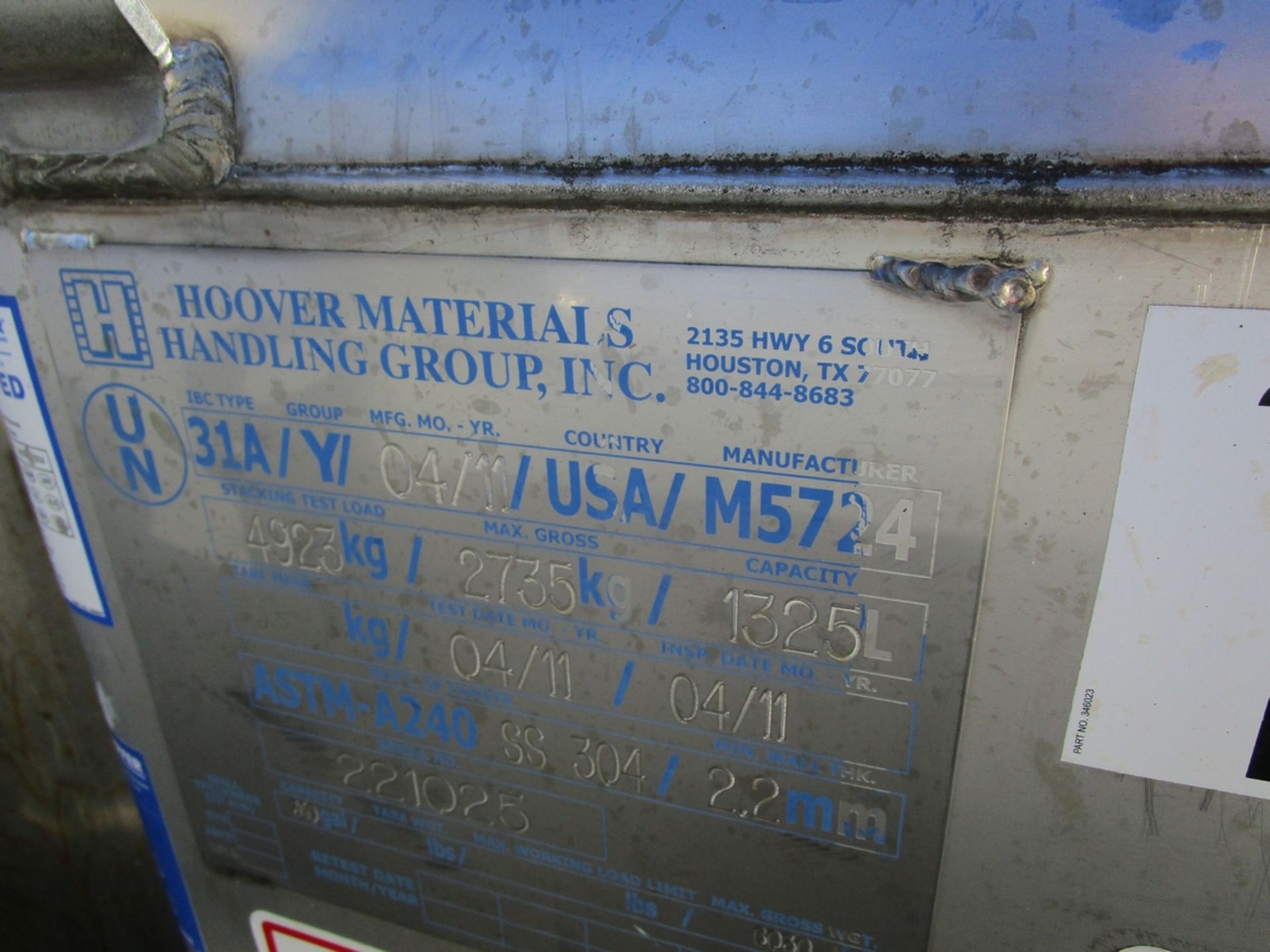 Hoover Materials Type 31A Stainless Steel IBC Tote - Image 2 of 2