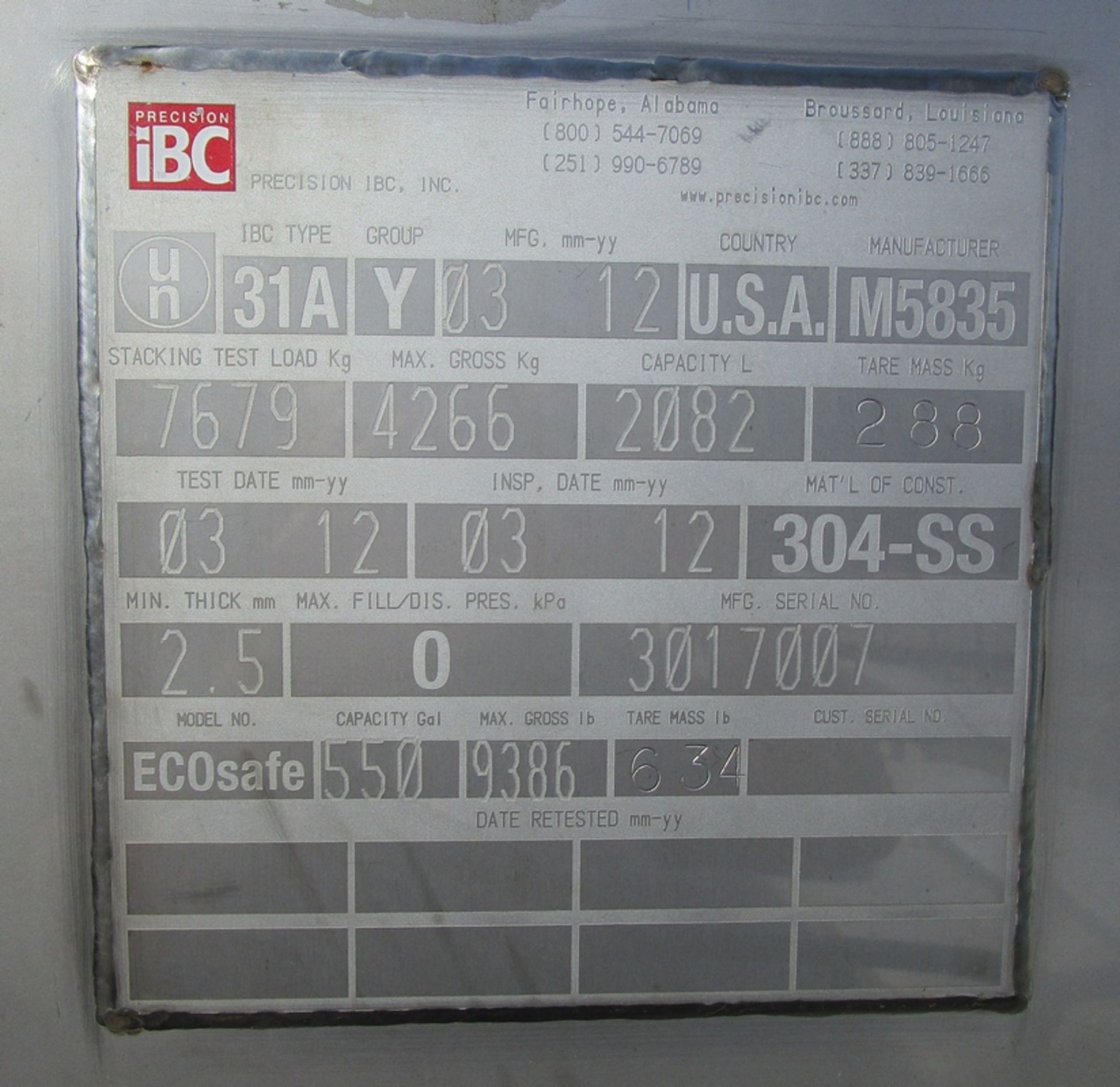 Precision Ecosafe, Type 31A, 304 Stainless Steel IBC Tote - Image 2 of 3