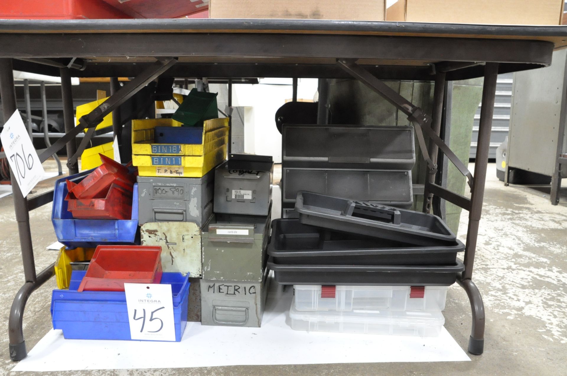 Lot-Various Parts Bins and Storage Totes Under (1) Table