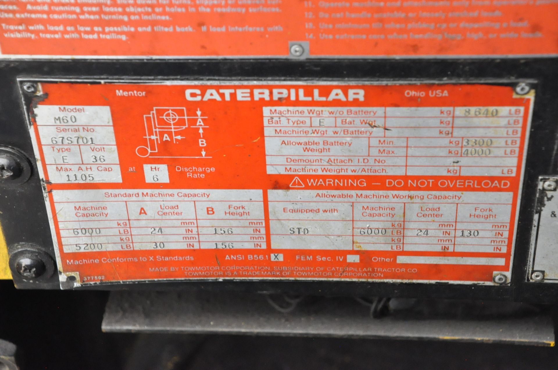 Caterpillar M60 6,000 Lb. Electric Forklift Truck. S/N 67S701 - Image 7 of 7