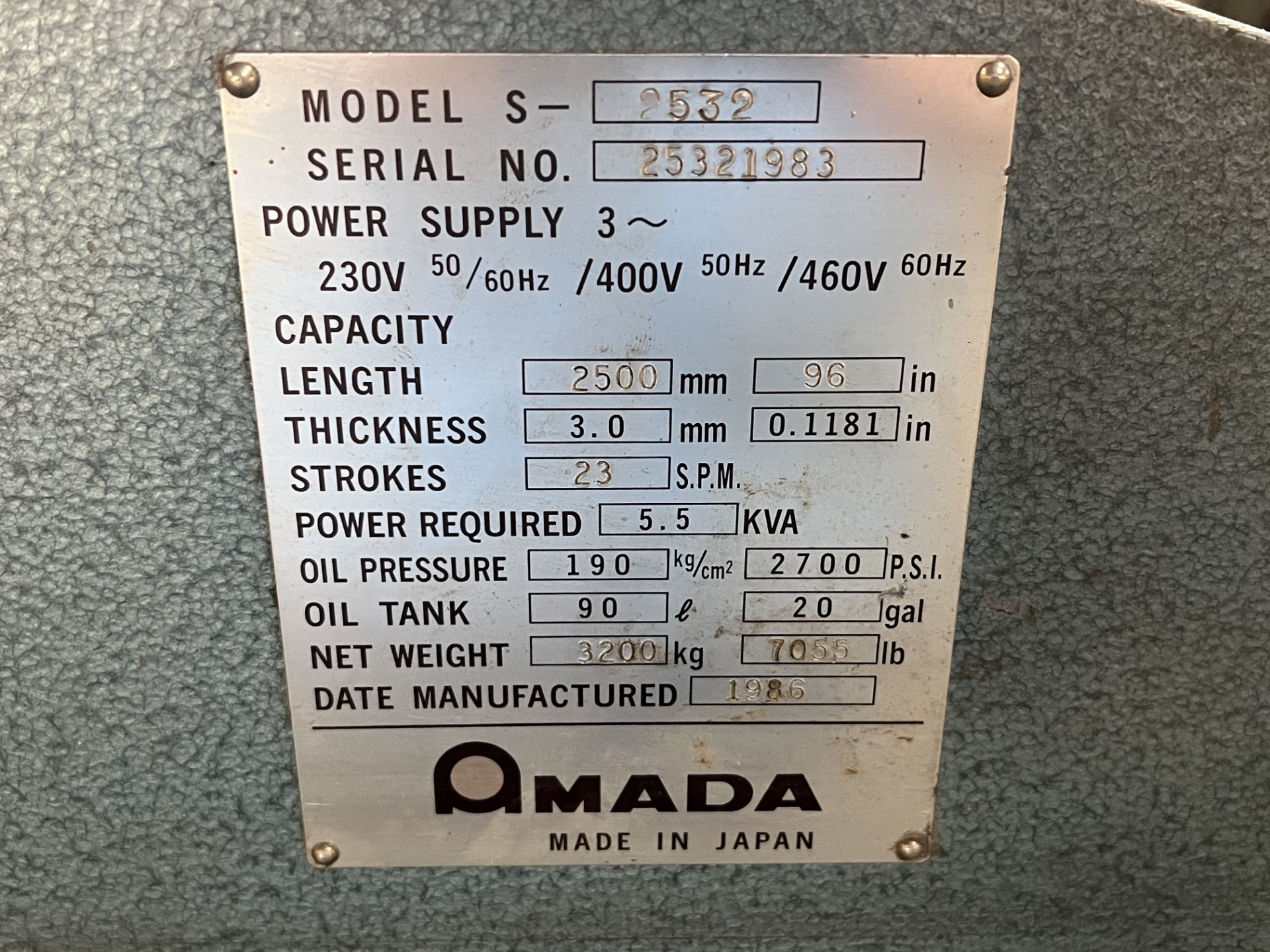 Amada S-2532 8' x 3mm Power Squaring Shear, S/N 25321983, 1986 - Image 7 of 7