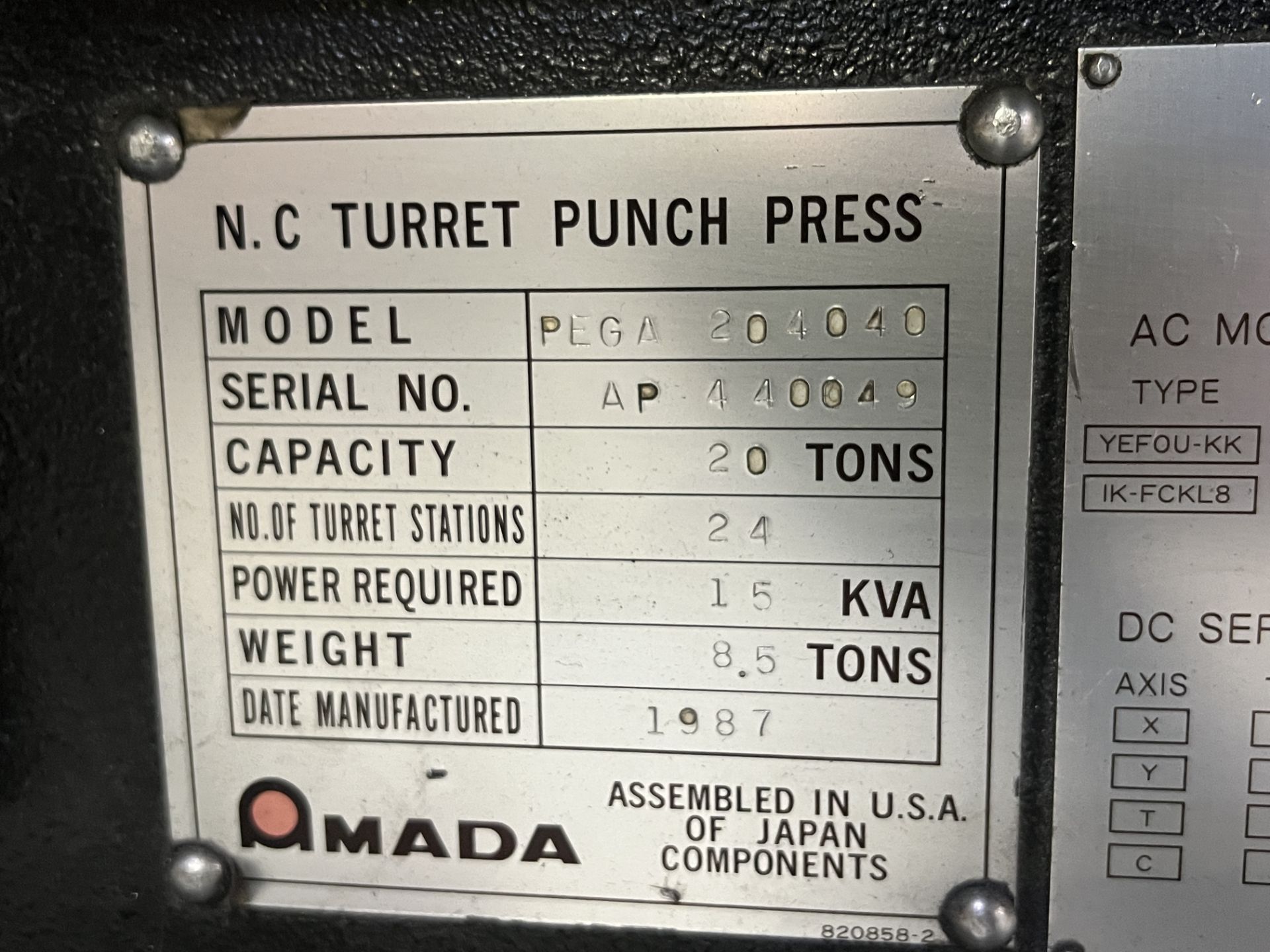 Amada Pega 244 20-Ton NC Turret Press, S/N AP440049, 1987 - Image 16 of 16