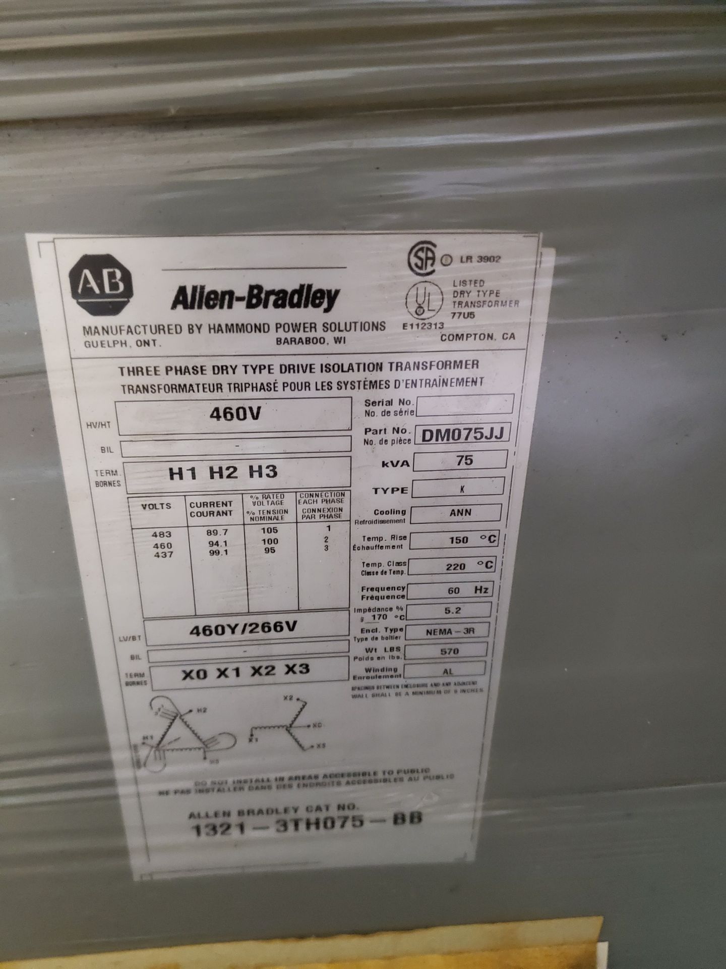 Allen-Bradley 1321-3TH075-BB 75-KVA Transformer - Image 2 of 2