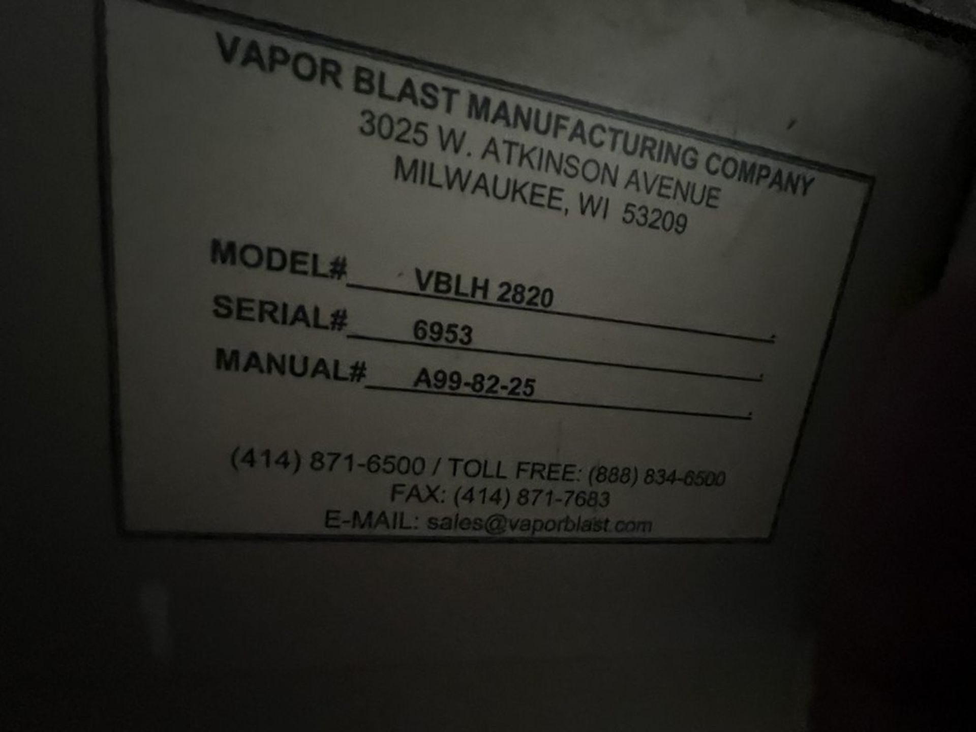 Vapor Blast VBLH-2820 Sand Blasting Cabinet, S/N 6953 - Image 4 of 4