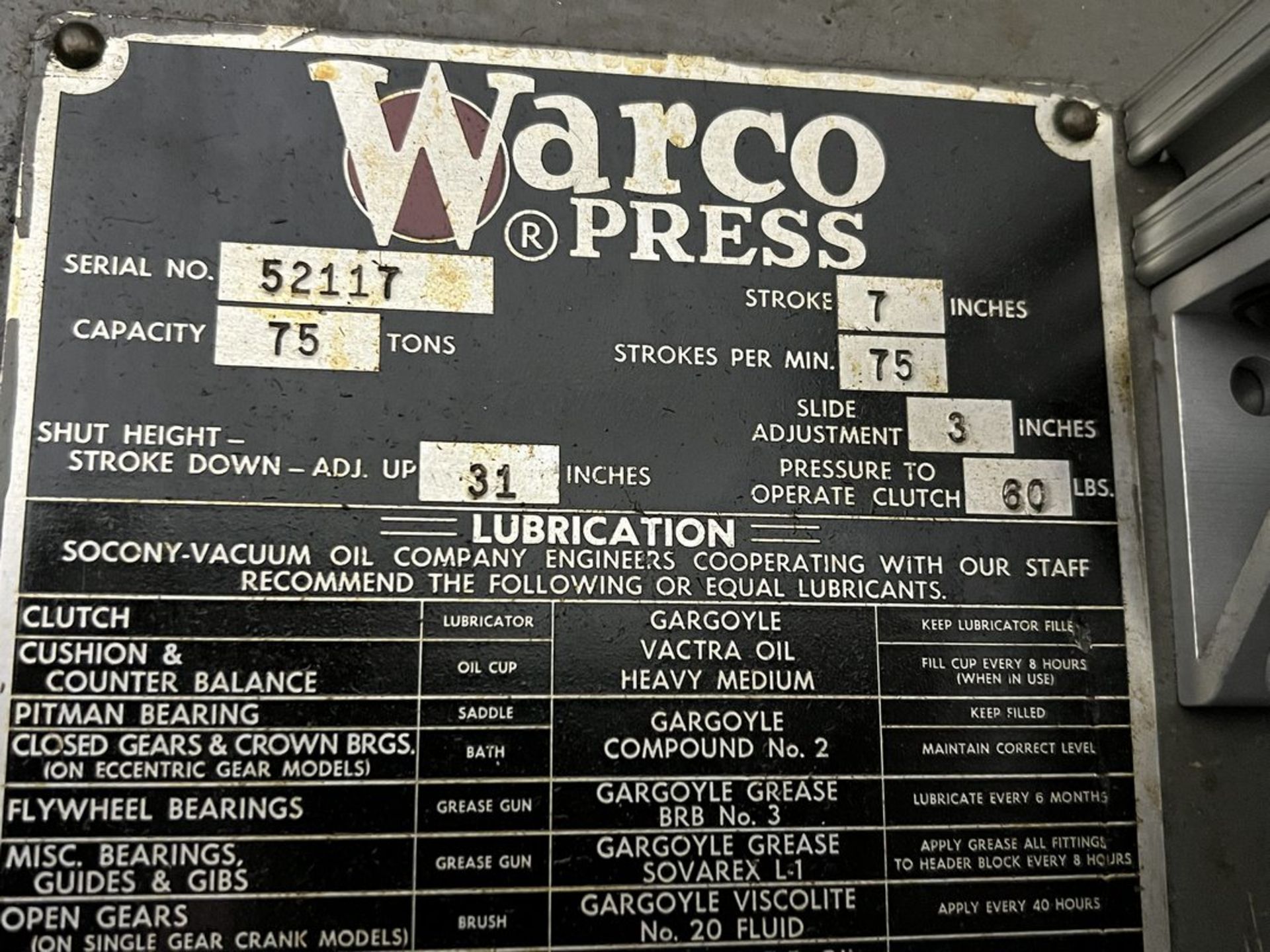 Warco 75-Ton Single Crank Gap Punch Press, S/N 52117 - Image 5 of 6