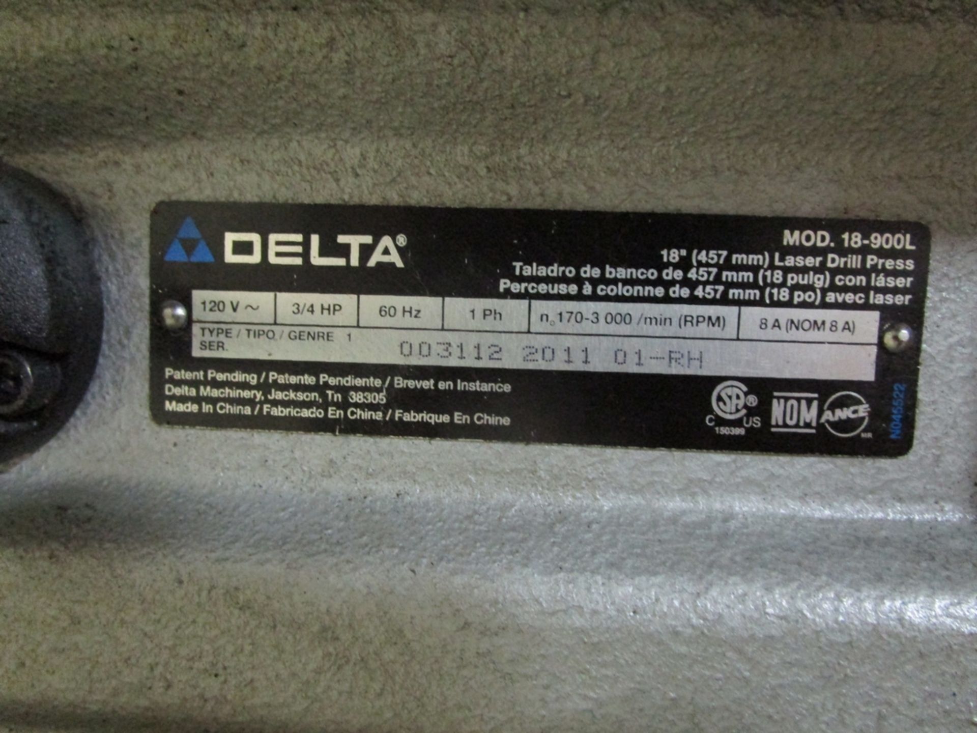 Delta 18-900L 18"Laser Drill Press, S/N 003112, 2011 - Image 4 of 6