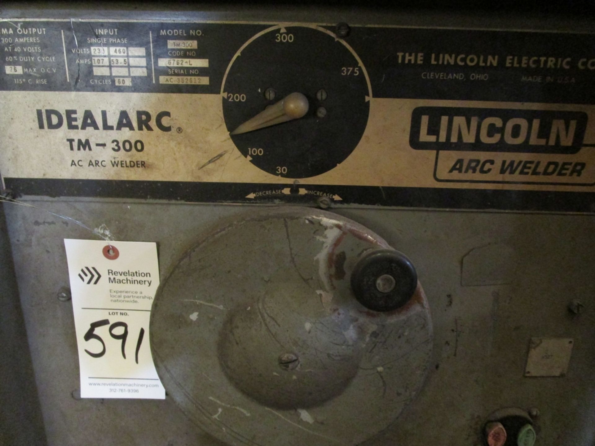 Lincoln TM-300 300-Amp Idealarc Arc Welder, S/N AC352612 - Image 2 of 2