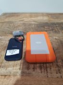 X 3 ITEMS TO INCLUDE LACIE HARD DRIVE WITH ORANGE CASE AND SANDISK ITEM AND A WIRE RRP COMBINED £