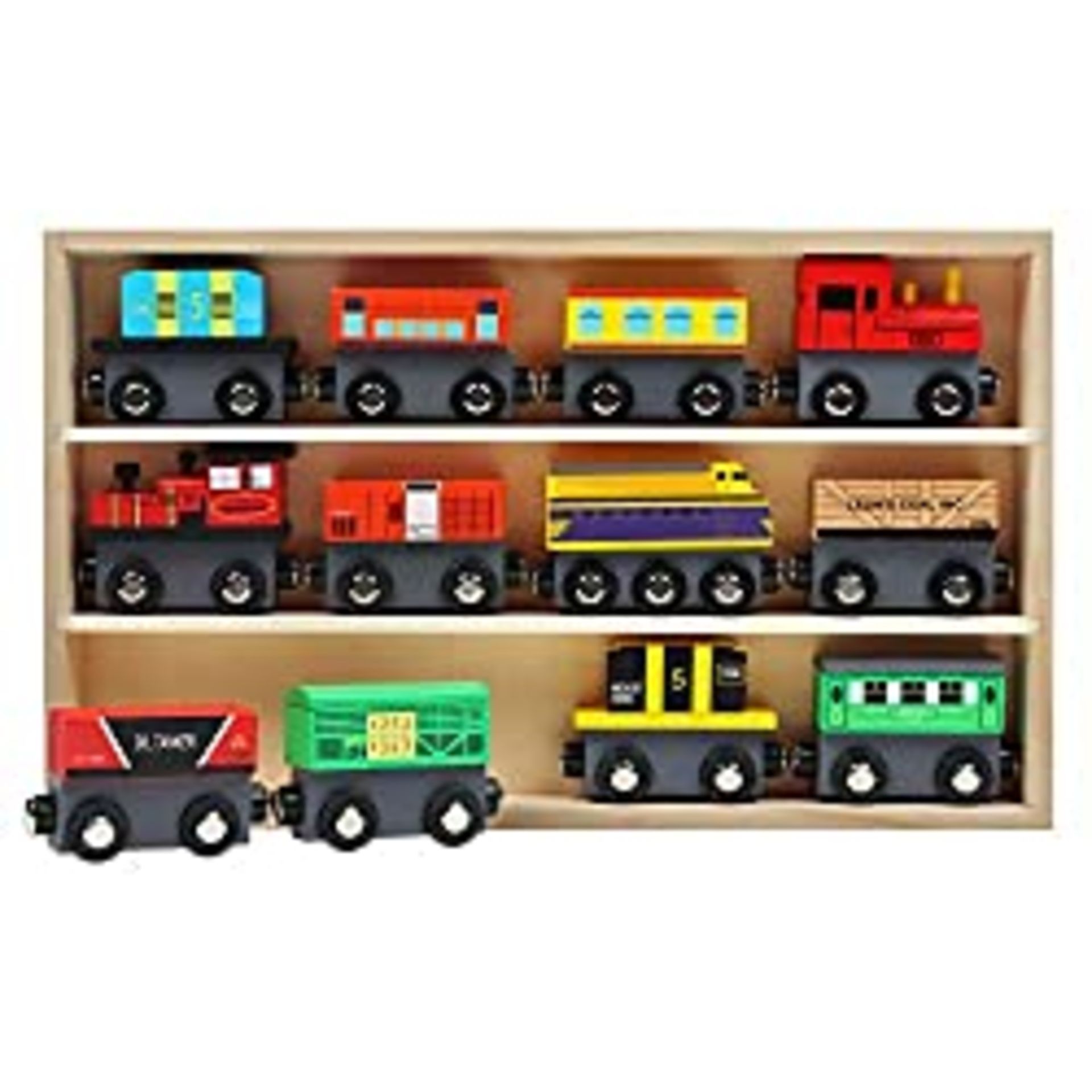 RRP £25.63 Kurtzy Wooden Magnetic Train Toy Set with Storage Box (12 Pack)