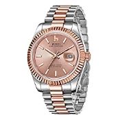 RRP £125.69 BUREI Mens Watches Quartz Wristwatch Rose Gold Dial