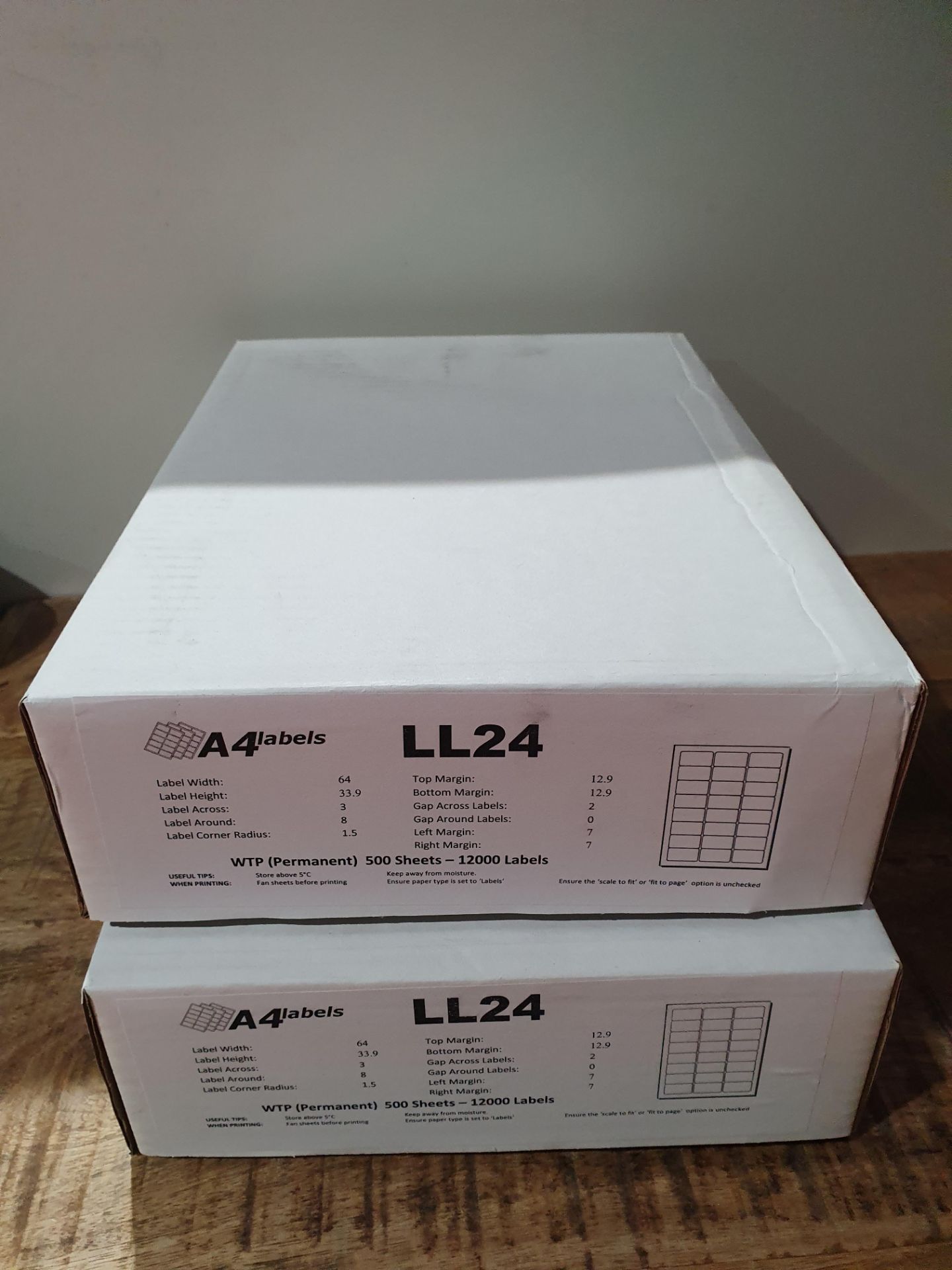 X 2 BOXES A4 LABEL LL24 500 SHEETS PER BOX - 12000 LABELS PER BOX TOTALLING 24000 LABELS