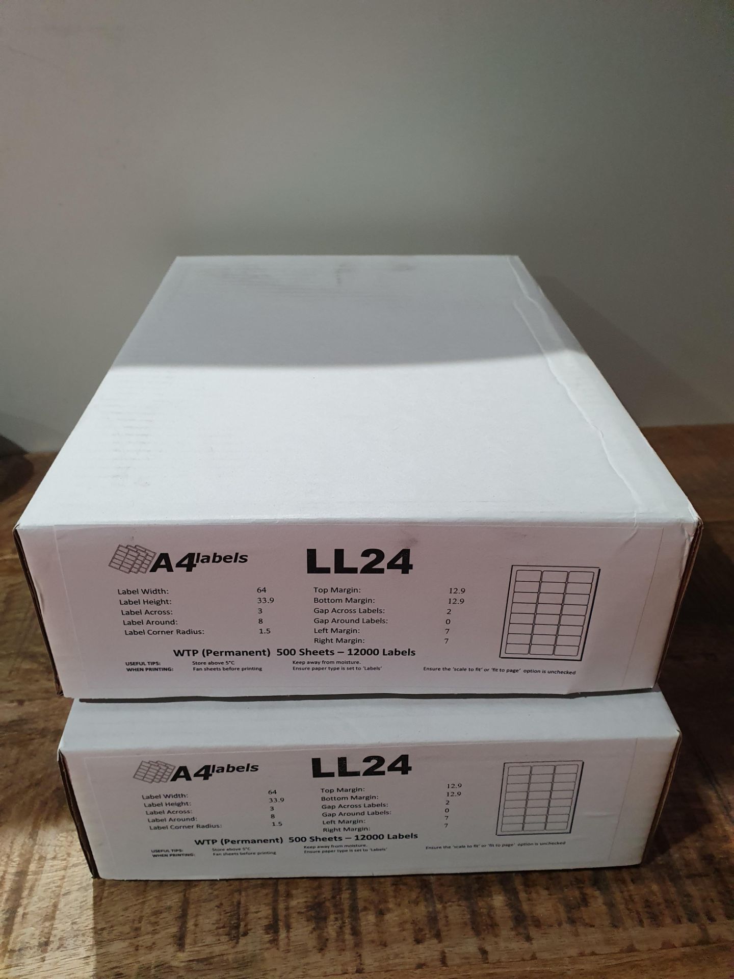 X 2 BOXES A4 LABEL LL24 500 SHEETS PER BOX - 12000 LABELS PER BOX TOTALLING 24000 LABELS