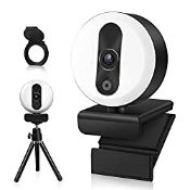 RRP £23.99 Tensphy 2K Webcam with Ring Light and Microphone