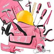 RRP £29.99 Hi-Spec 18 Piece Kids Pink Tool Kit Set with Tool Bag.