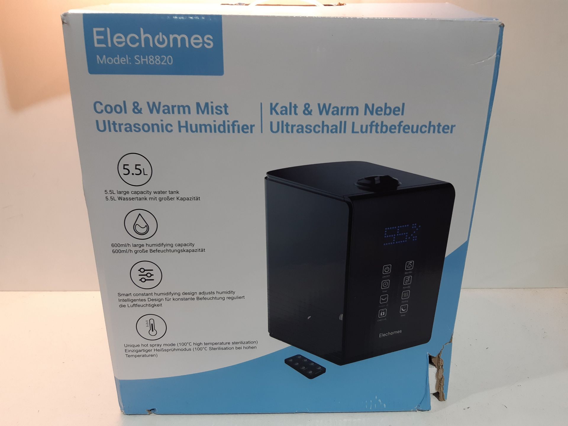 RRP £89.99 Elechomes Top-Fill Ultrasonic Humidifier 5.5L - Image 2 of 2