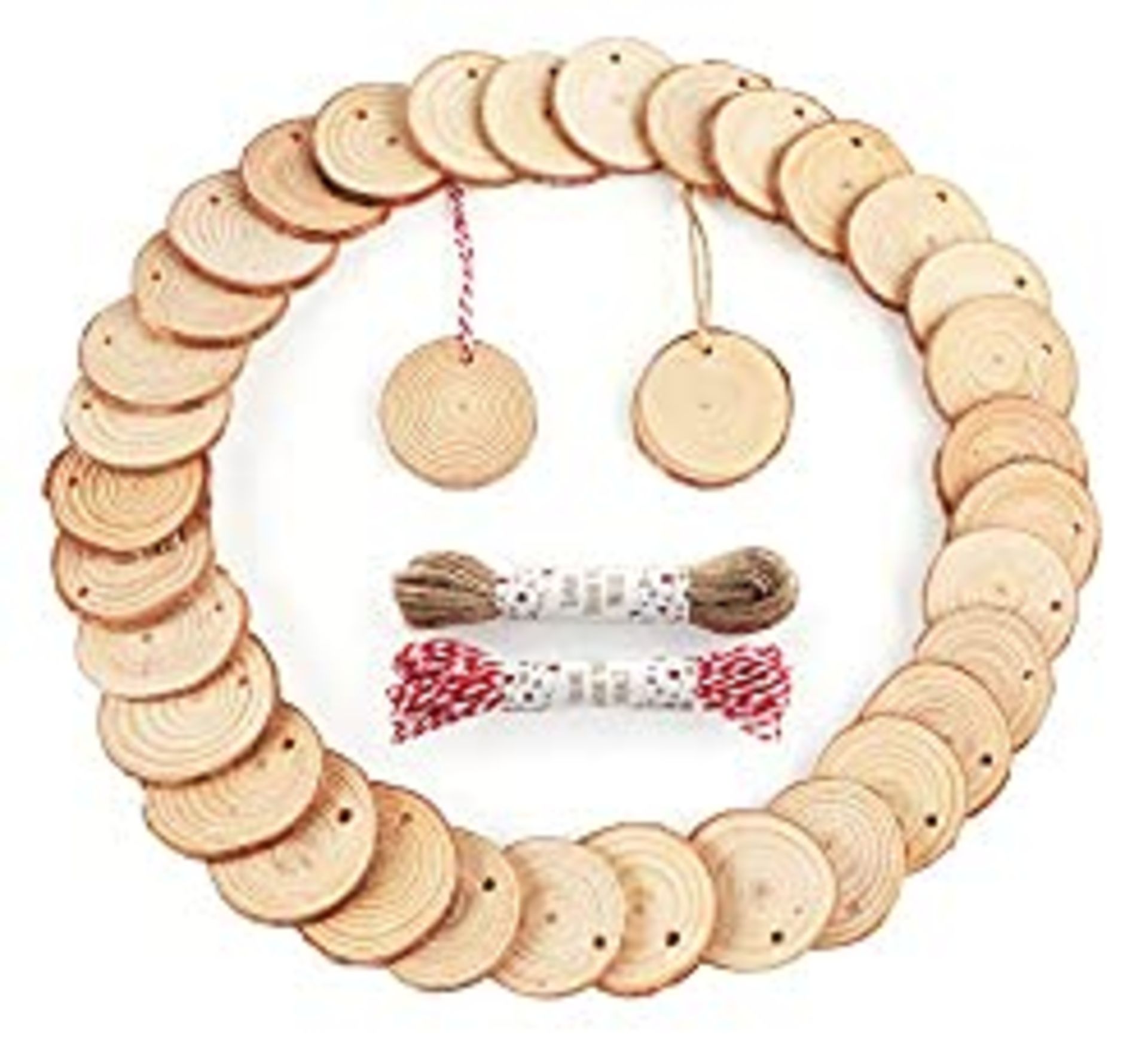 RRP £12.98 ilauke 60 Pcs Wooden Discs 4-5 cm Natural Wood Slices with Natural Jute Twine