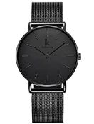 RRP £22.52 Alienwork IK All-Black Watch Men Women Black Metal Mesh Strap Ultra-Thin