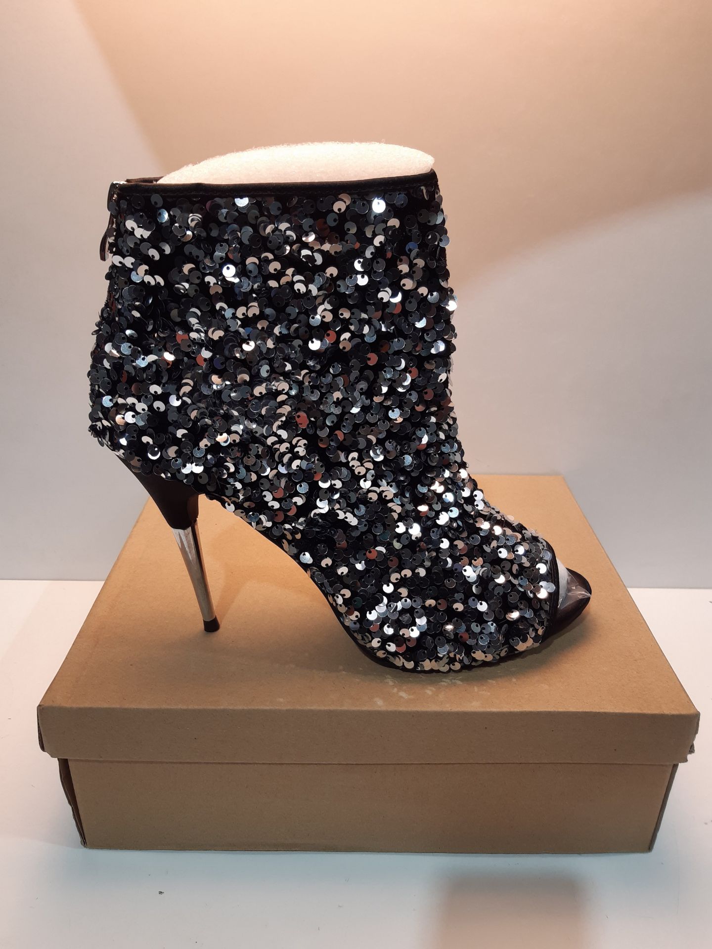 RRP £59.99 Women's Sequin Glitter Boots Peep Toe Heeled Rear Zippers - Image 2 of 2