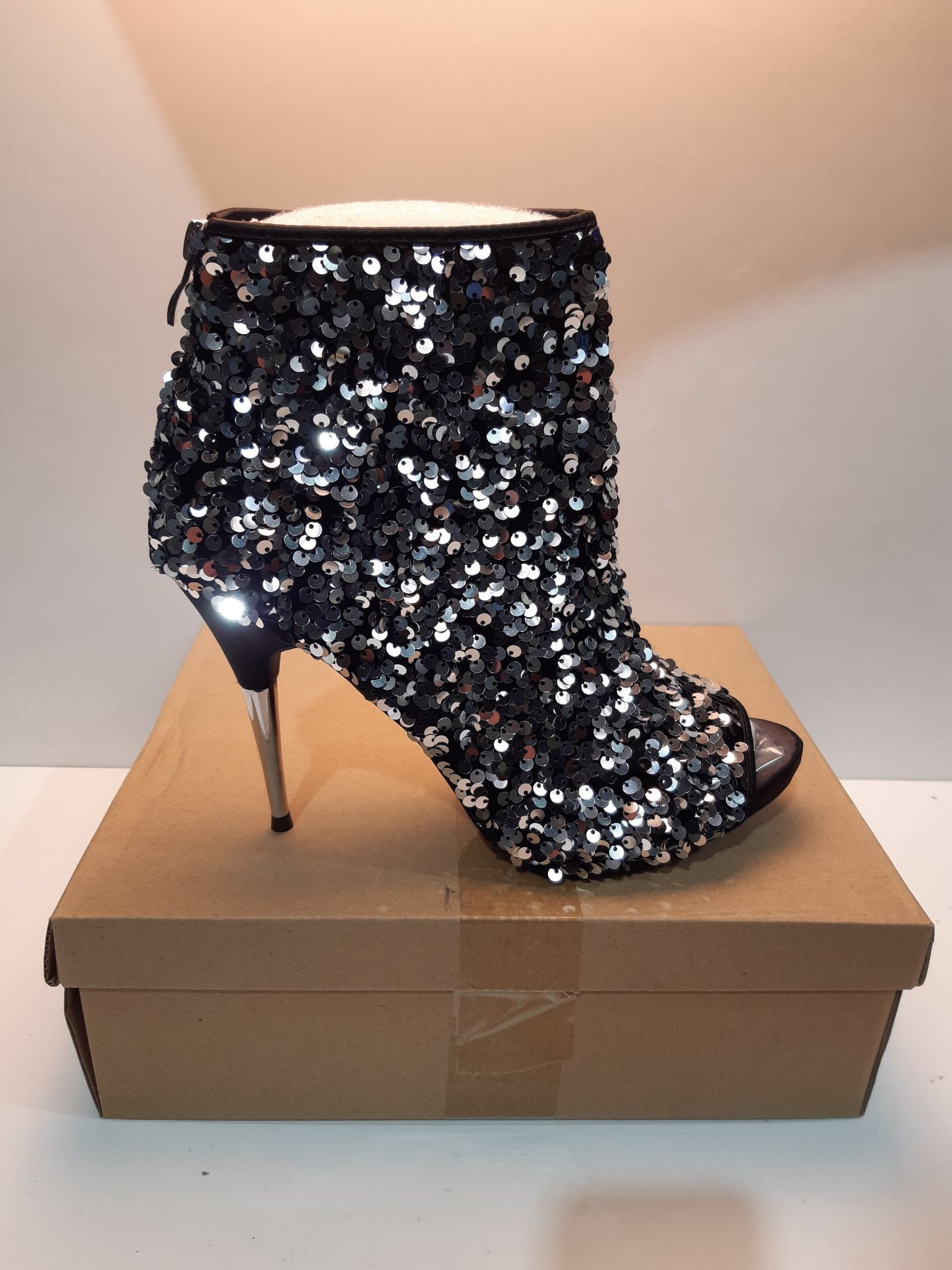 RRP £59.99 Women's Sequin Glitter Boots Peep Toe Heeled Rear Zippers - Image 2 of 2