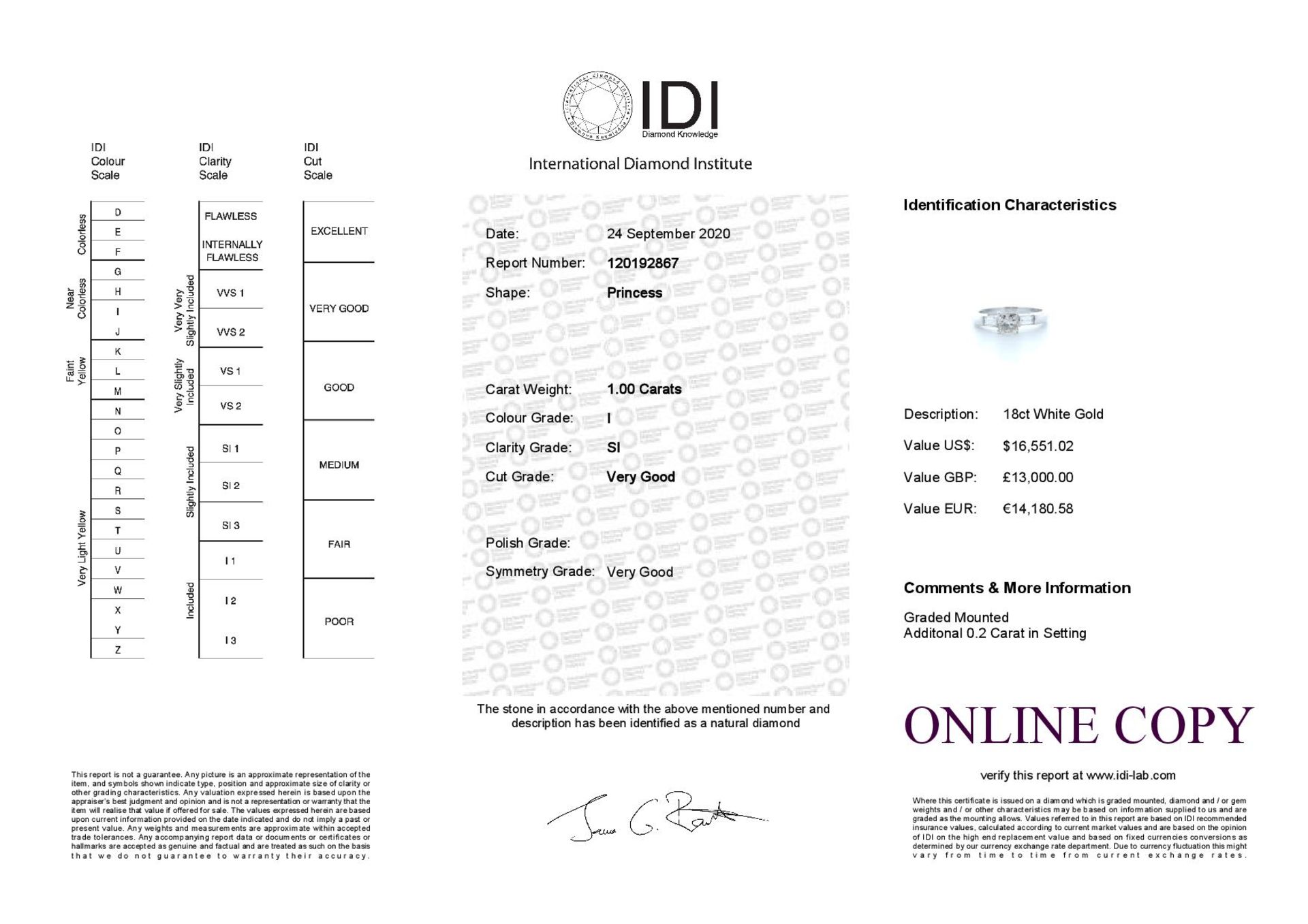 18ct White Gold Princess Cut Diamond Ring 1.20 (1.01) Carats - Valued by IDI £13,000.00 - 18ct White - Image 5 of 5