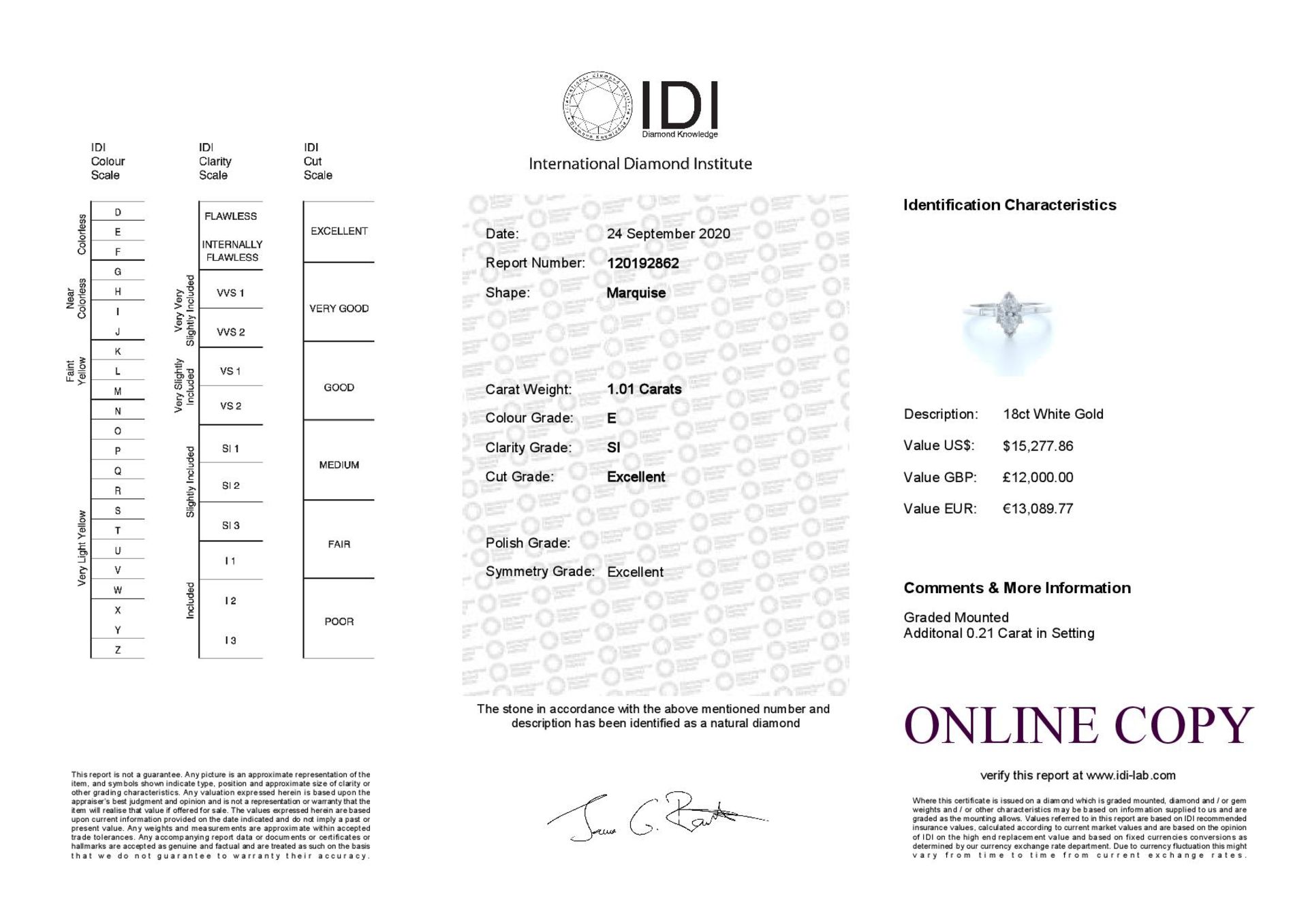 18ct White Gold Marquise Diamond With Stone Set Shoulders 1.22 Carats Carats - Valued by IDI £12, - Image 5 of 5