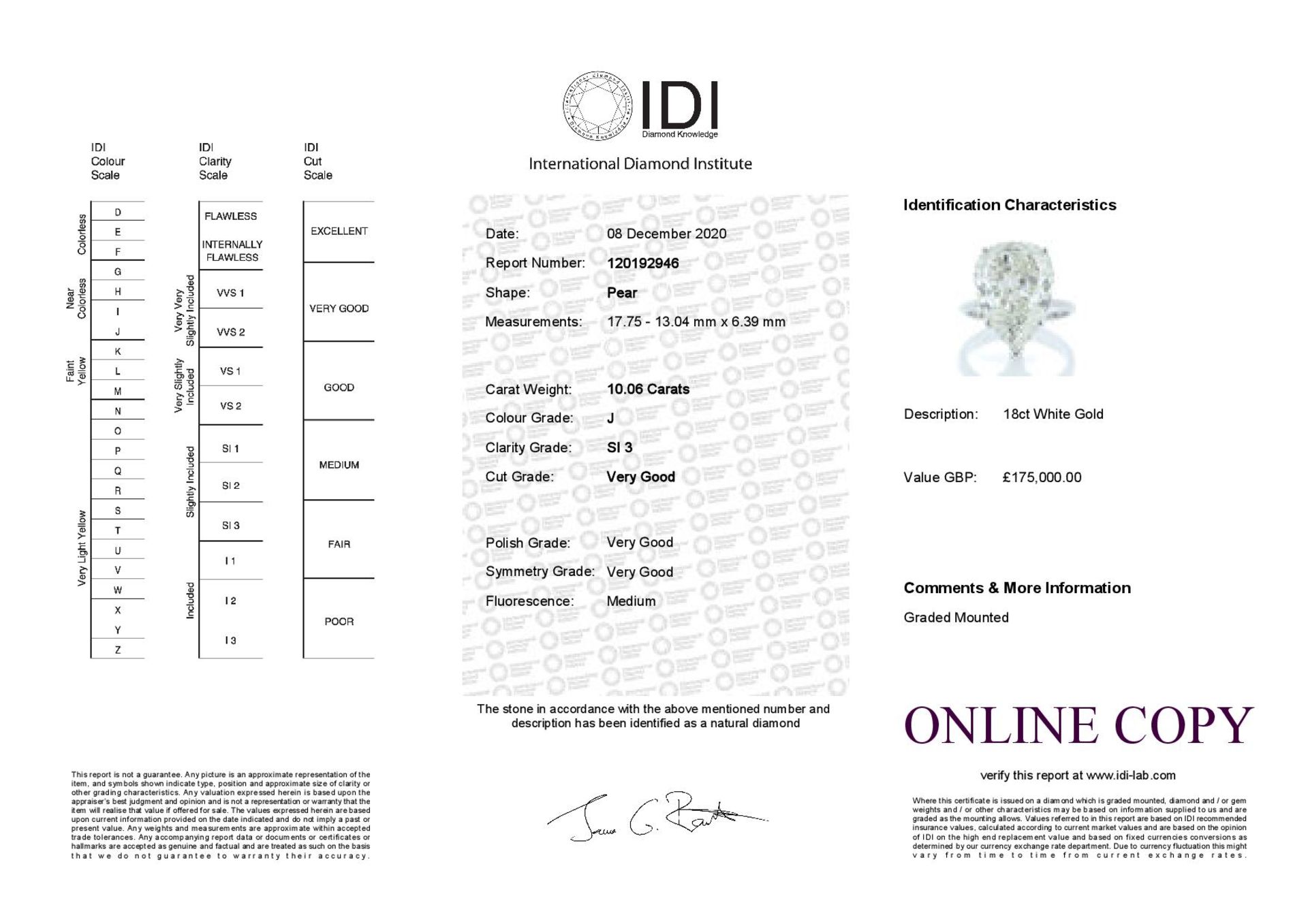 18ct White Gold Pear Shaped Diamond Ring 10.06 Carats - Valued by IDI £175,000.00 - 18ct White - Image 6 of 6