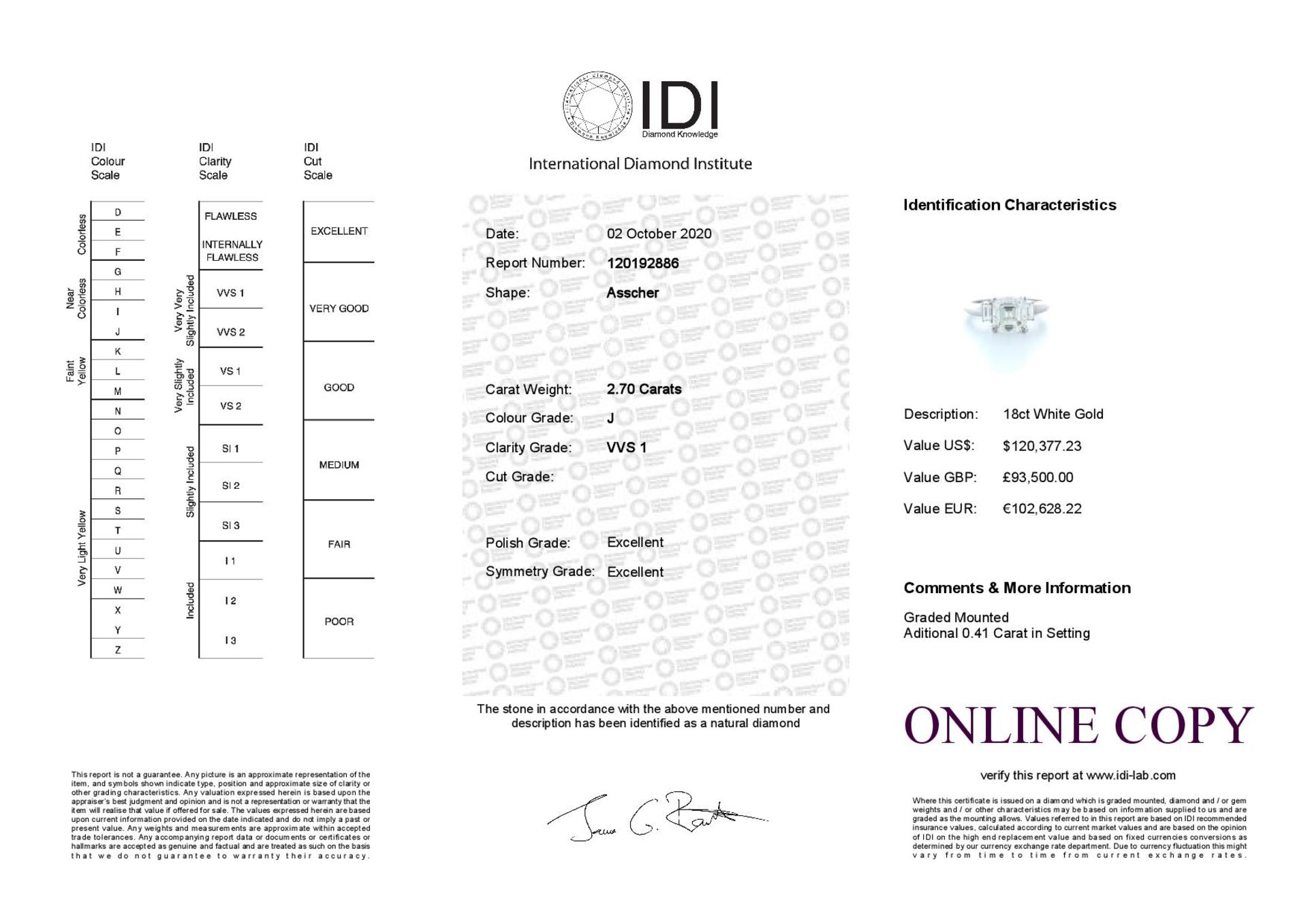 18ct White Gold Three Stone Claw Set Diamond Ring 3.11(2.70) Carats - Valued by IDI £93,500.00 - - Image 5 of 5