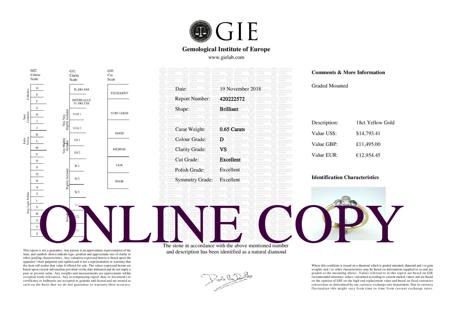 18ct Three Stone Rub Over Set Diamond Ring 0.65 Carats - Valued by GIE £11,495.00 - Three round - Image 9 of 9