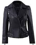 RRP £20.00 Womens Faux Leather Zip Up Moto Biker Jacket With Many Details (L, Black)