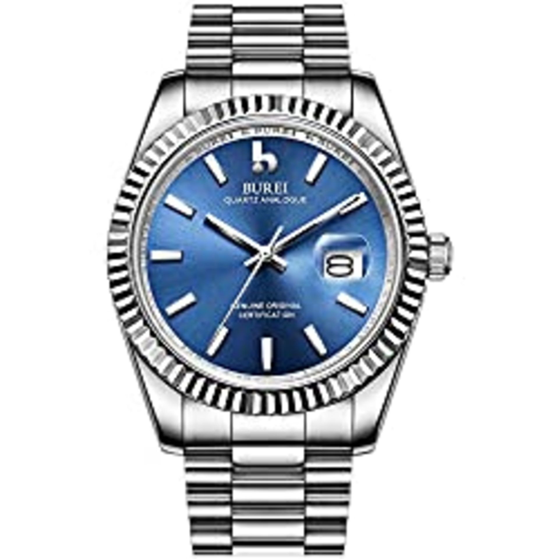 RRP £95.96 BUREI Men Quartz Wrist Watch Blue Analog Dial with