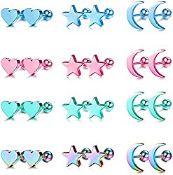 RRP £13.07 Milacolato12Pairs 18G Surgical Steel Heart Moon Star