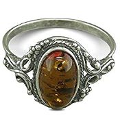 RRP £18.98 Vintage Oval Cognac Amber Sterling Silver Ring in Ornate Victorian Setting