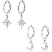 RRP £17.99 Milacolato 2 Pairs 925 Sterling Silver Moon Star Dangle